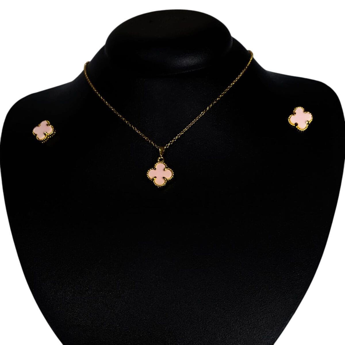 Colar E Brinco Trevo Rosa Bebê Folheado