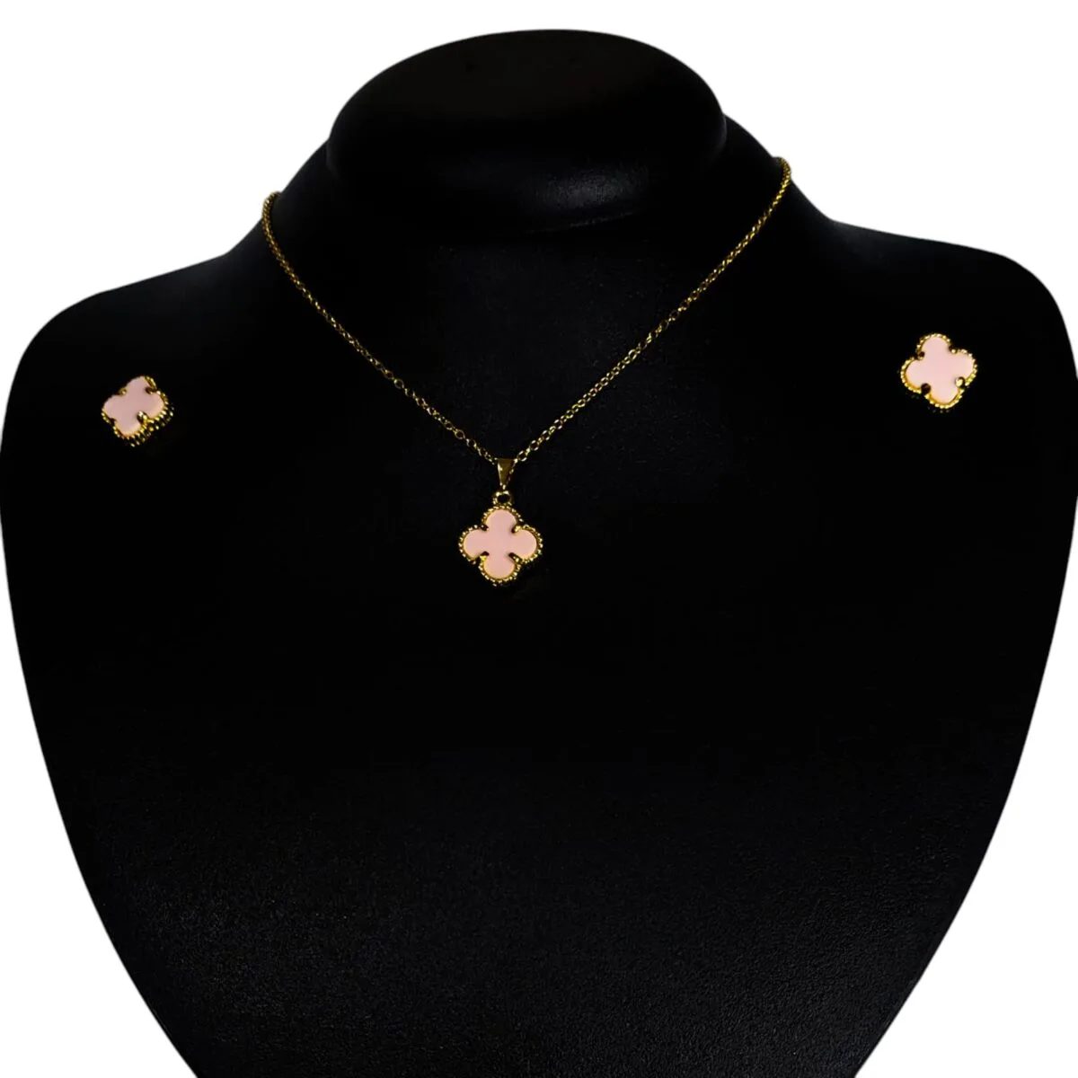 Colar E Brinco Trevo Rosa Bebê Folheado