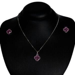 Colar e Brinco Trevo Rosa Folheado