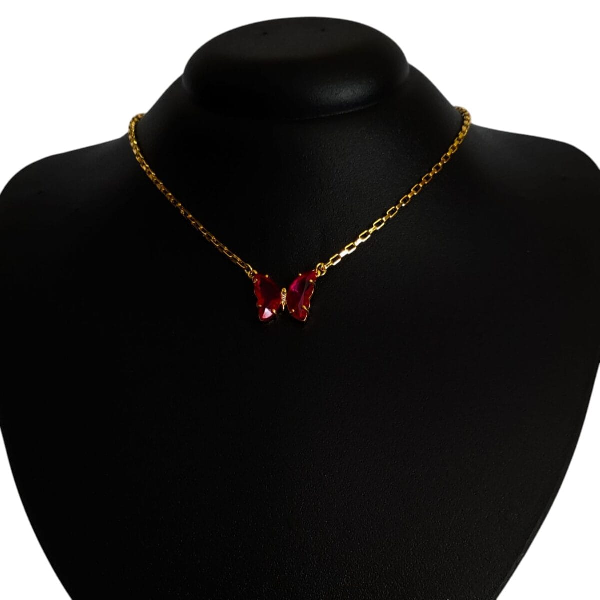 Colar Cristal Dourada Borboleta Rosa Folheado