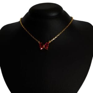 Colar Cristal Dourada Borboleta Rosa Folheado