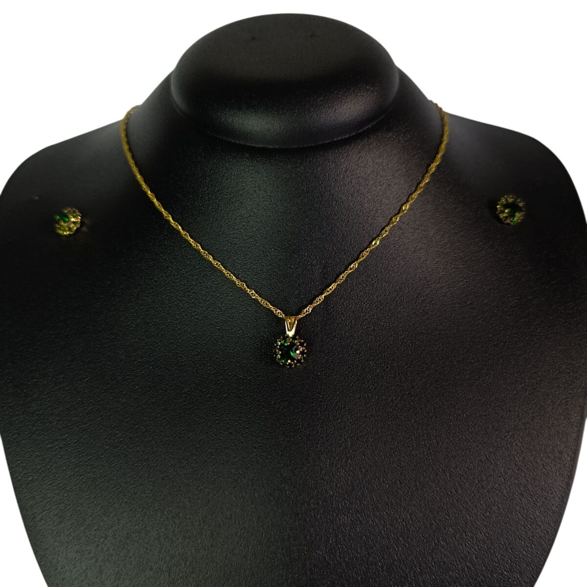 Conjunto Cravejado Verde Escuro Dourado Folheado