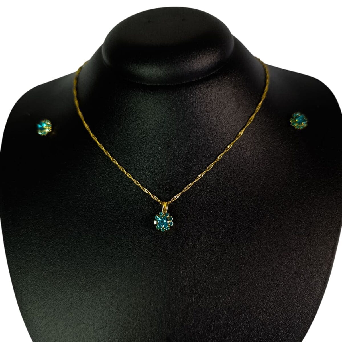 Conjunto Cravejado Azul Claro Dourado Folheado