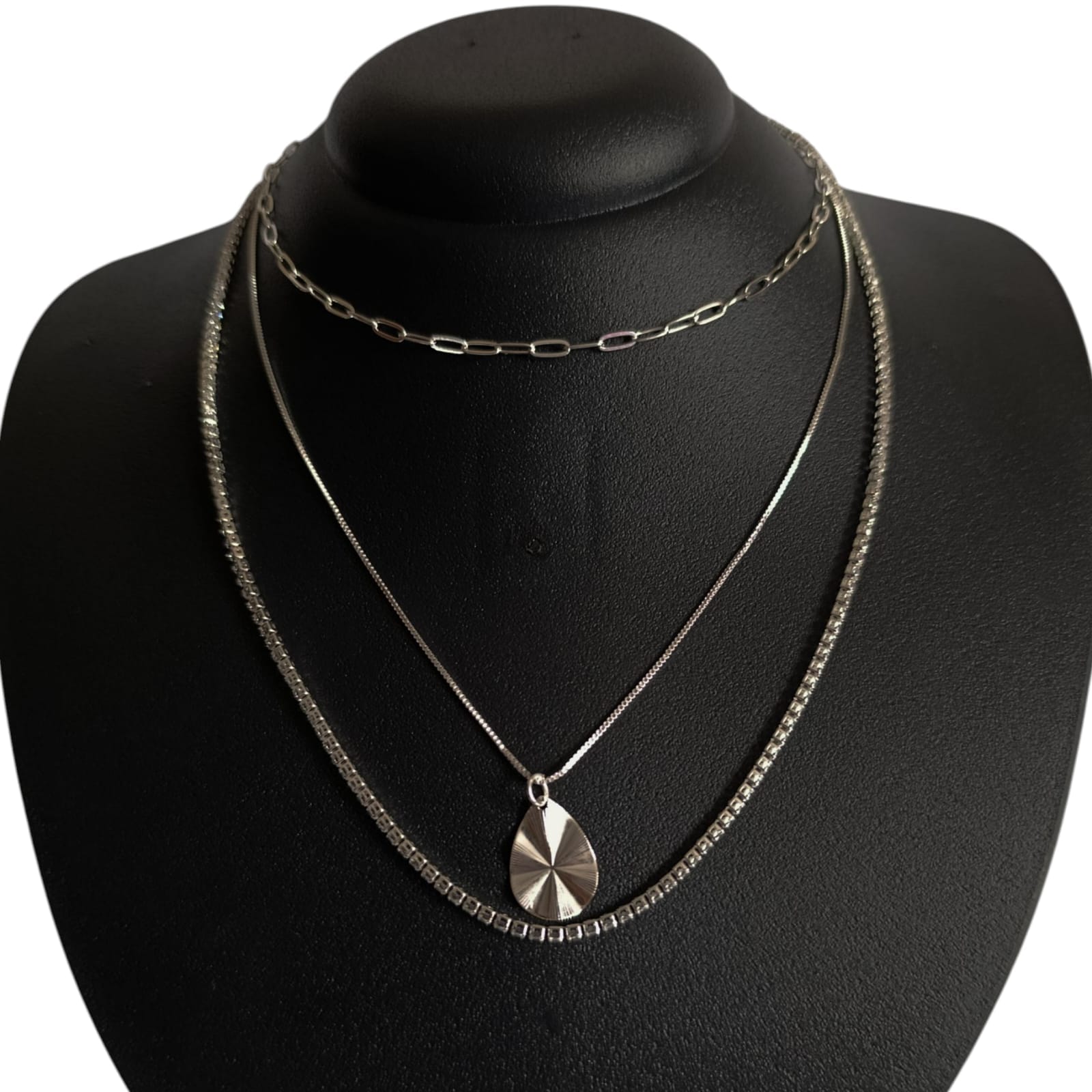 Colar Tripla Camada Strass Gota Texturizada Elo Alongado Folheado