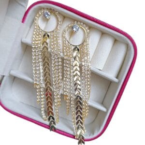 Brinco Festa Oval Strass Escama De Peixe Franja Dourado Biju