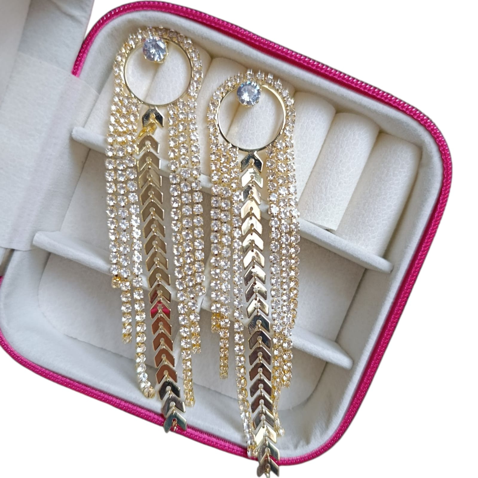 Brinco Festa Oval Strass Escama De Peixe Franja Dourado Biju