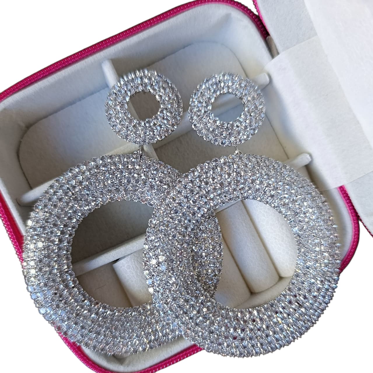 Brinco Festa Dois Círculos Strass Prata Biju