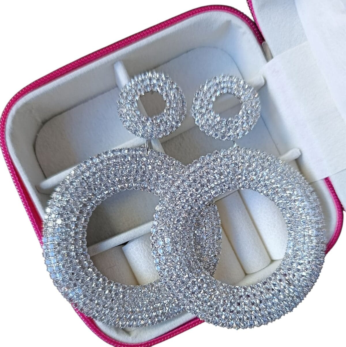Brinco Festa Dois Círculos Strass Prata Biju - Imagem 2