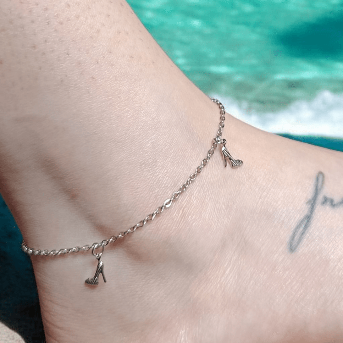 Tornozeleira Prata Salto Alto Aço Inoxidável