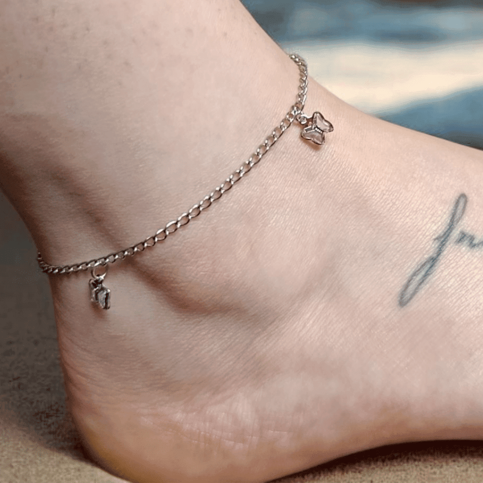 Tornozeleira Prata Borboleta Lilás Aço Inoxidável