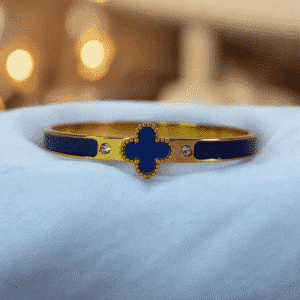 Bracelete Trevo Azul Aço Inoxidável Dourado