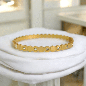 Bracelete Aço Cirúrgico Favo De Mel Strass Dourado