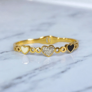 Bracelete Aço Cirúrgico Coração Branco Strass Coração Preto