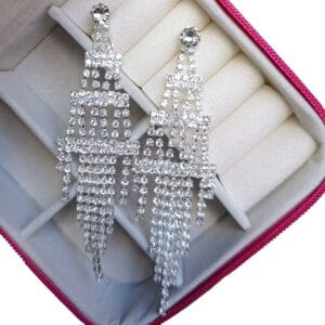 Brinco Strass Franja Longa Prata Biju