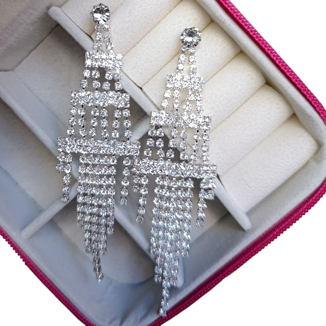 Brinco Strass Franja Longa Prata Biju