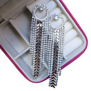 Brinco Festa Oval Strass Escama De Peixe Franja Prata Biju