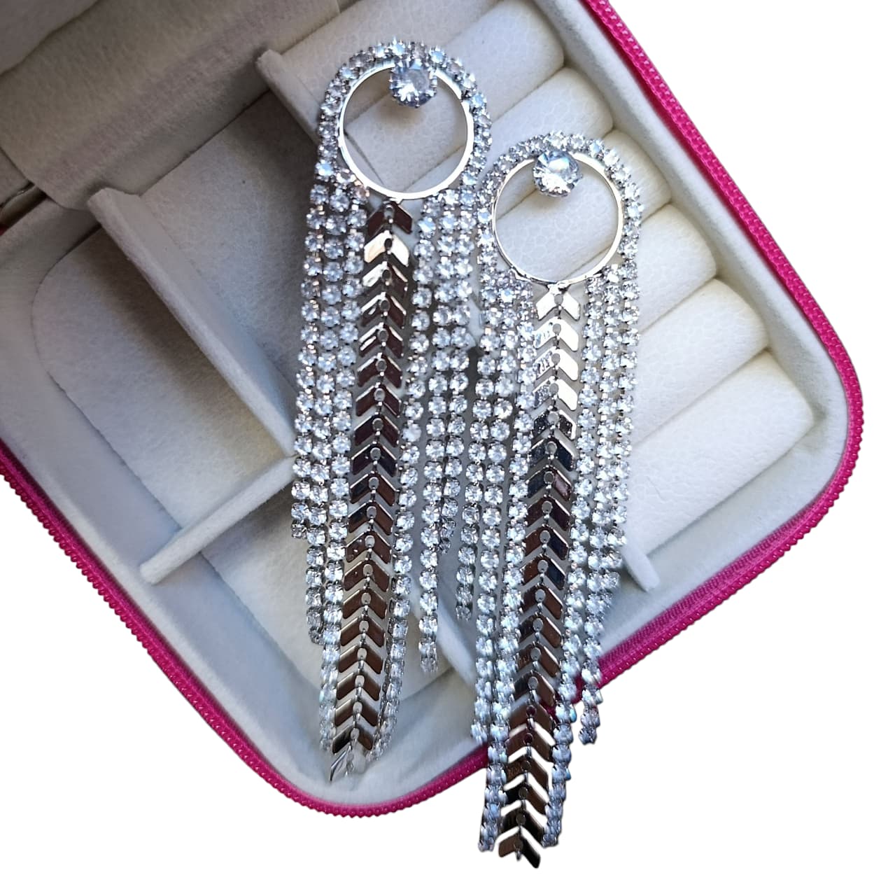 Brinco Festa Oval Strass Escama De Peixe Franja Prata Biju