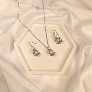 Conjunto Concha Com Pérola Prata Aço Inoxidável