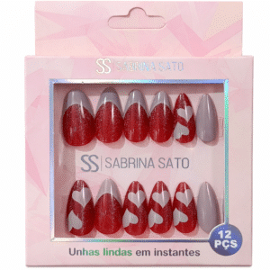 SABRINA SATO UNHA POSTIÇA CORAÇÃO FRANCESINHA 12 PÇS VERMELHO GLITTER