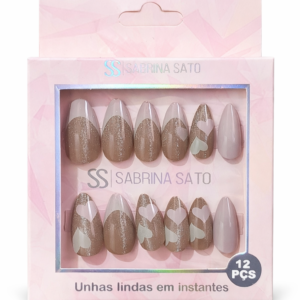 Sabrina Sato Unha Postiça Coração Francesinha 12 Pçs Marrom Glitter