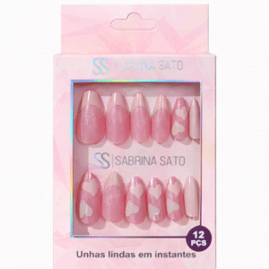 Sabrina Sato Unha Postiça Coração Francesinha 12 Pçs Rosa Escuro Glitter