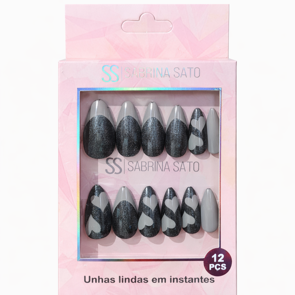 Sabrina Sato Unha Postiça Coração Francesinha 12 Pçs Preto Glitter