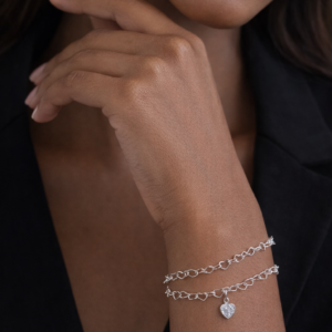 Pulseira Dupla Elo Coração Zirconia Coração Prata Folheado