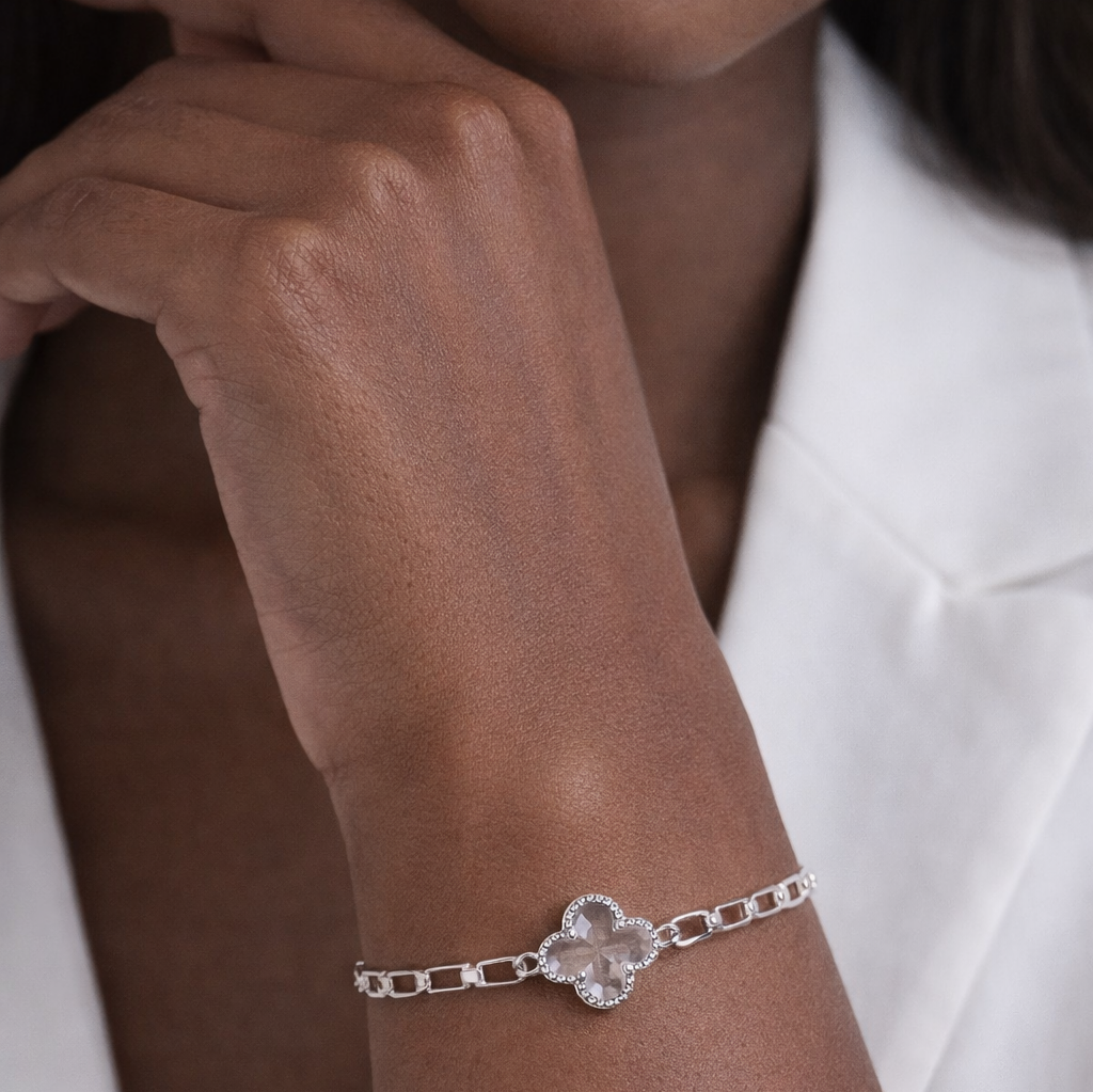 PULSEIRA TREVO TRANSPARENTE PRATA