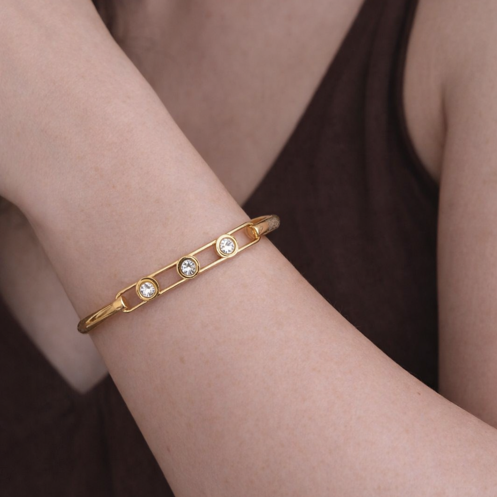 Bracelete Tres Strass Cima Quadrada Dourado Prata Aço Inoxidável