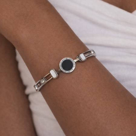 Bracelete Algarismo Romano Preto Esmaltado Strass Prata Aço Inoxidável