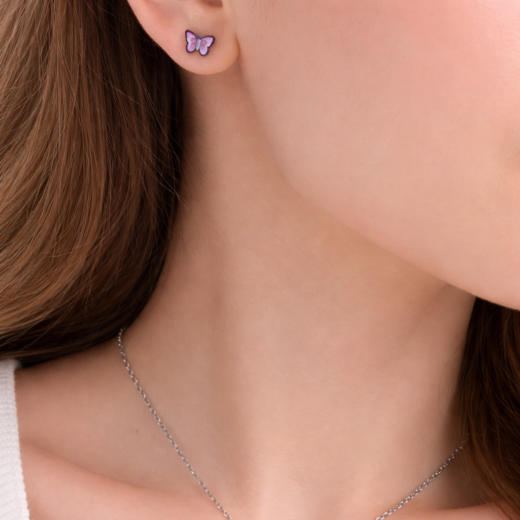 Conjunto Borboleta Lilas Esmaltada Prata Aço Inoxidável