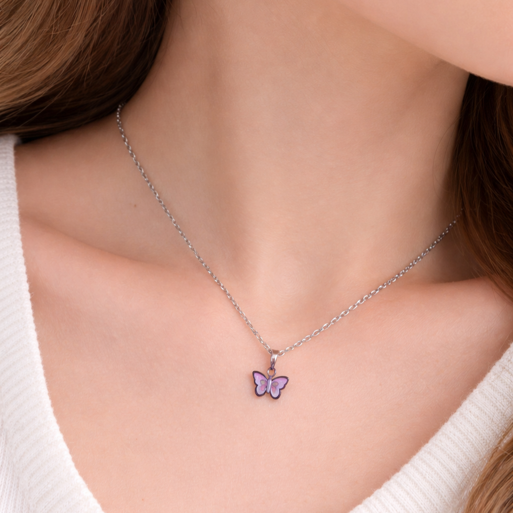Conjunto Borboleta Lilas Esmaltada Prata Aço Inoxidável