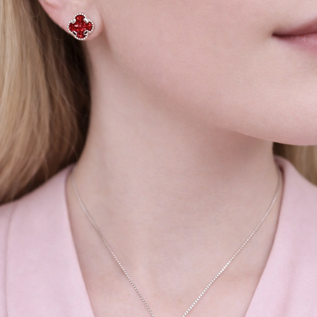 Conjunto Trevo Vermelho Glitter P Prata Folheado