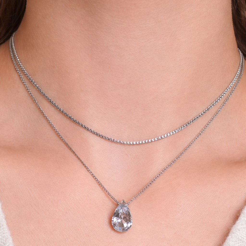 Colar Duplo Zirconia Gota Prata Folheado