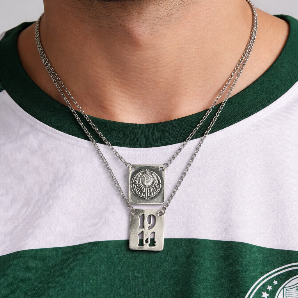 Corrente Escapulario Vazado Palmeiras Prata Aço Inoxidável