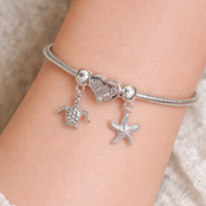 Pulseira Berloque Estrela Do Mar Tartaruga Coração Prata Folheado