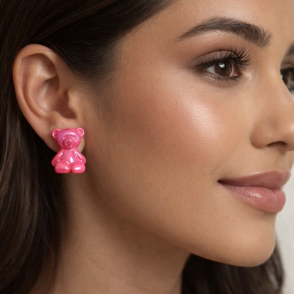 Brinco Urso Holográfico Pink Folheado